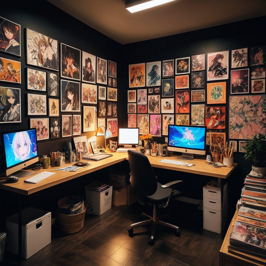 A captivating illustration of an art studio filled with colorful hentai artwork, showcasing dynamic characters and vivid scenes. The walls are adorned with framed prints, and an artist is passionately sketching hentai figures. A vibrant mix of manga elements and sensuality subtly blends throughout the space, inviting viewers into this unique world of adult comics and animation. The atmosphere is inviting and artistic, with warm lighting highlighting the creative process. vibrant colors. anime style. painterly texture.