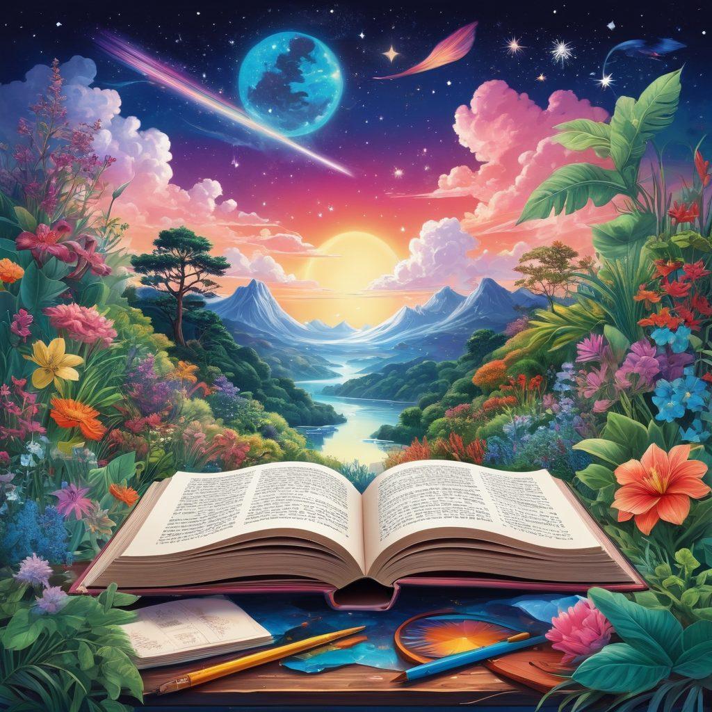 A whimsical and colorful illustration of an open manga book featuring playful characters in a fantastical setting, surrounded by elements symbolizing sexual wellness like plants, herbs, and art supplies. The scene should evoke a sense of exploration and creativity, blending elements of fantasy and sensuality, with bright and vibrant colors. Include a dreamy background with soft clouds and starry skies to enhance the imaginative vibe. vector art. vibrant colors. playful style.